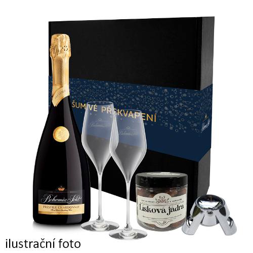 Dárkový set s Bohemia Sekt Prestige Chardonnay brut a lískovými ořechy